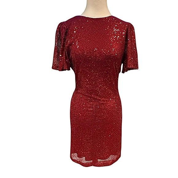 ASTR The Label Flutter Sleeve Draped Back Burgundy Wine Sequined Mini Dress Med - Picture 3 of 14